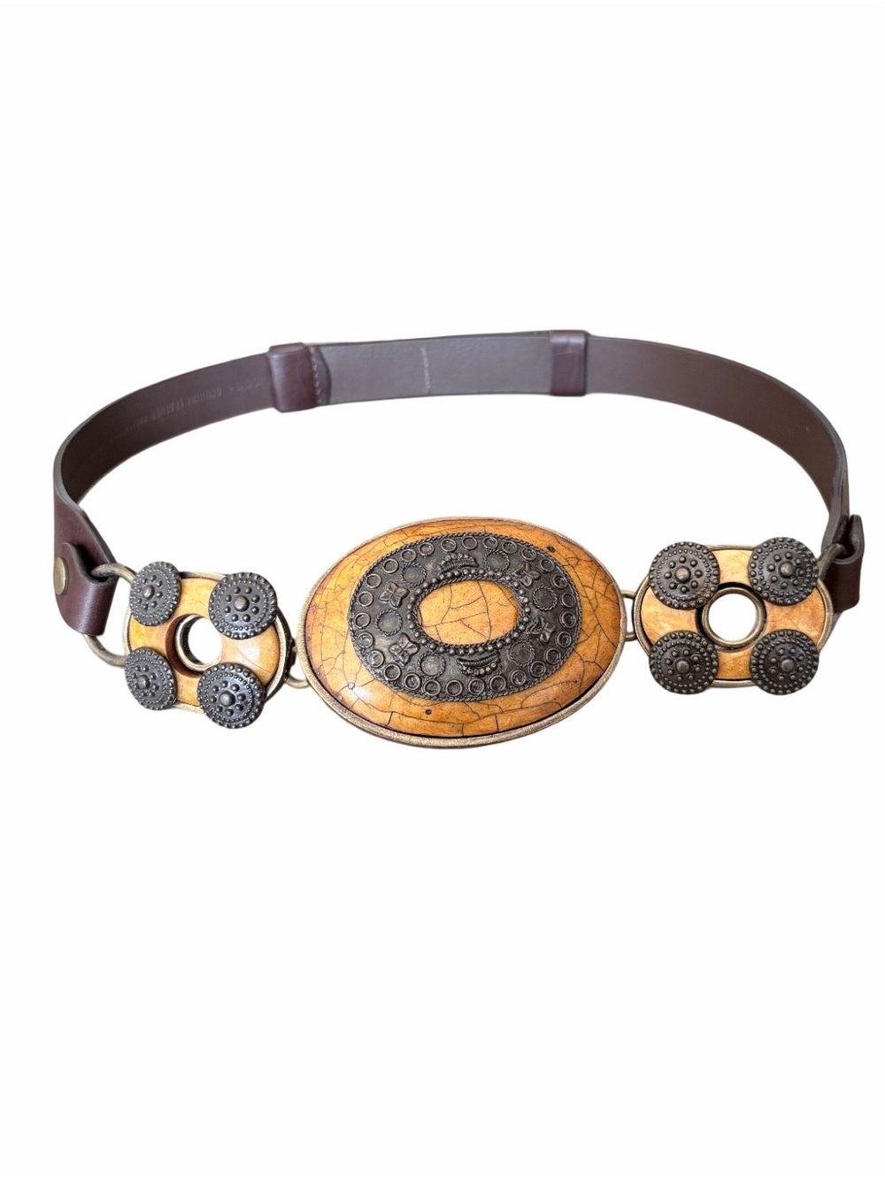Chico’s Brown Leather Adjustable Waist Belt S/M Crackle Metal Detail Buckle